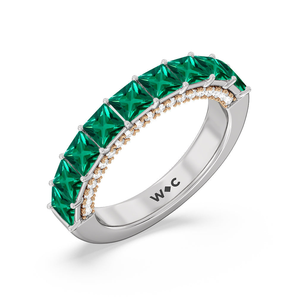 Created Emerald Princess Shape and Diamond Palace Anniversary Ring with 14KT Rose Gold Cut Diamond in 14KT Rose Gold view 2
