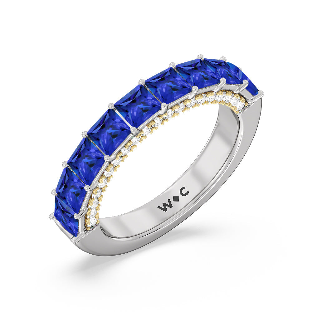 Created Sapphire Princess and Diamond Palace Anniversary Ring with 14KT Yellow Gold Cut Diamond in 14KT Yellow Gold view 2
