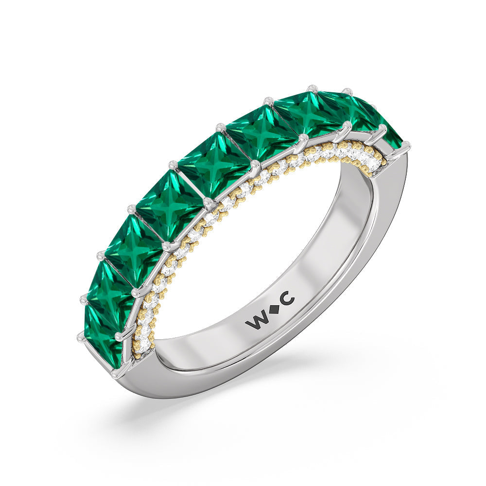 Created Emerald Princess Shape and Diamond Palace Anniversary Ring with 14KT Yellow Gold Cut Diamond in 14KT Yellow Gold view 2
