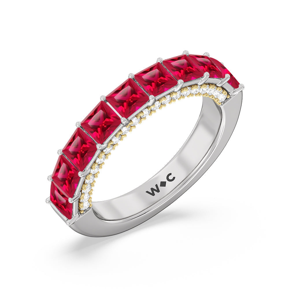 Created Ruby Princess and Diamond Palace Anniversary Ring with 14KT Yellow Gold Cut Diamond in 14KT Yellow Gold view 3
