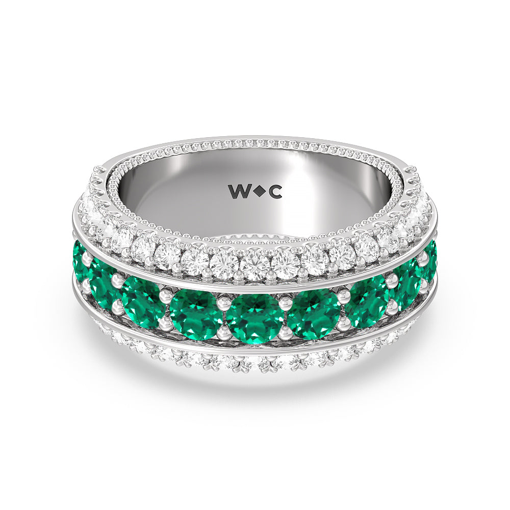 Created Emerald Cobblestone Anniversary Ring with 14KT White Gold Cut Diamond in 14KT White Gold view 1
