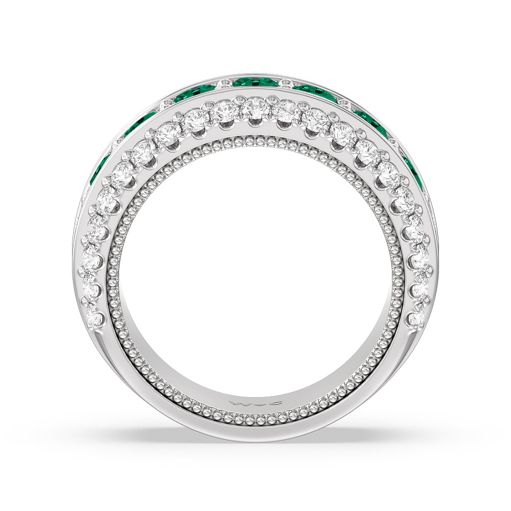 Created Emerald Cobblestone Anniversary Ring with 14KT White Gold Cut Diamond in 14KT White Gold view 3
