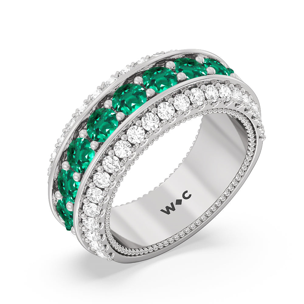 Created Emerald Cobblestone Anniversary Ring with 14KT White Gold Cut Diamond in 14KT White Gold view 2
