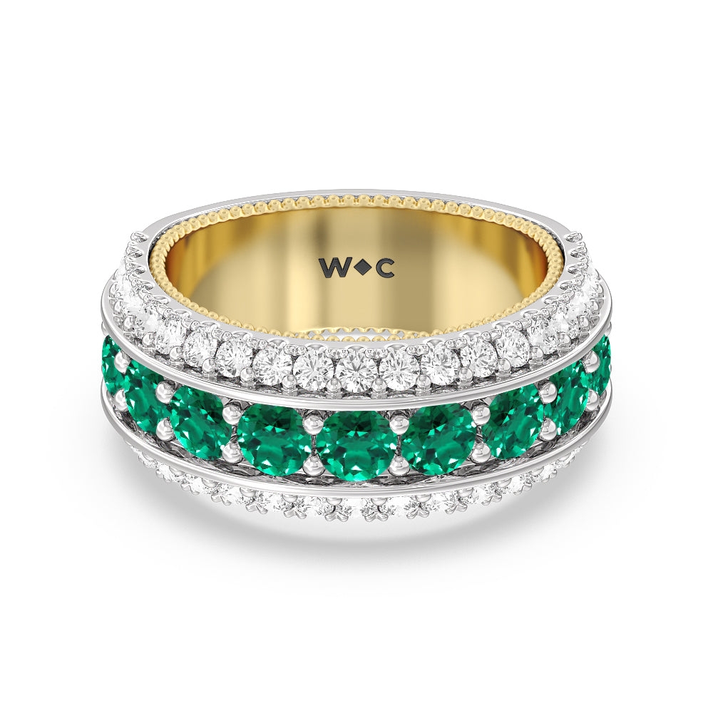 Created Emerald Cobblestone Anniversary Ring with 14KT Yellow Gold Cut Diamond in 14KT Yellow Gold view 1
