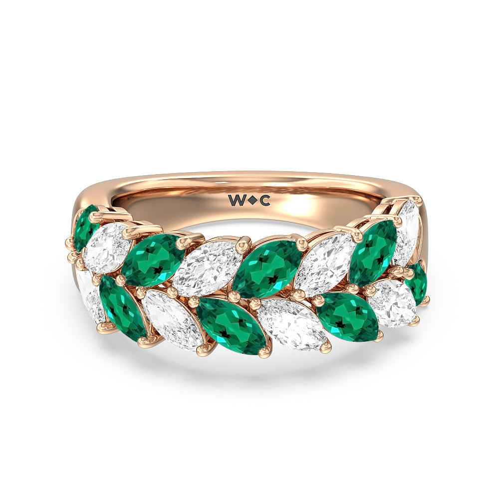 Alternate Created Emerald Marquise Shape and Diamond Edge Anniversary Ring with 14KT Rose Gold Cut Diamond in 14KT Rose Gold view 1
