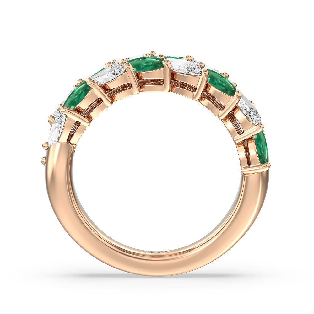Alternate Created Emerald Marquise Shape and Diamond Edge Anniversary Ring with 14KT Rose Gold Cut Diamond in 14KT Rose Gold view 3

