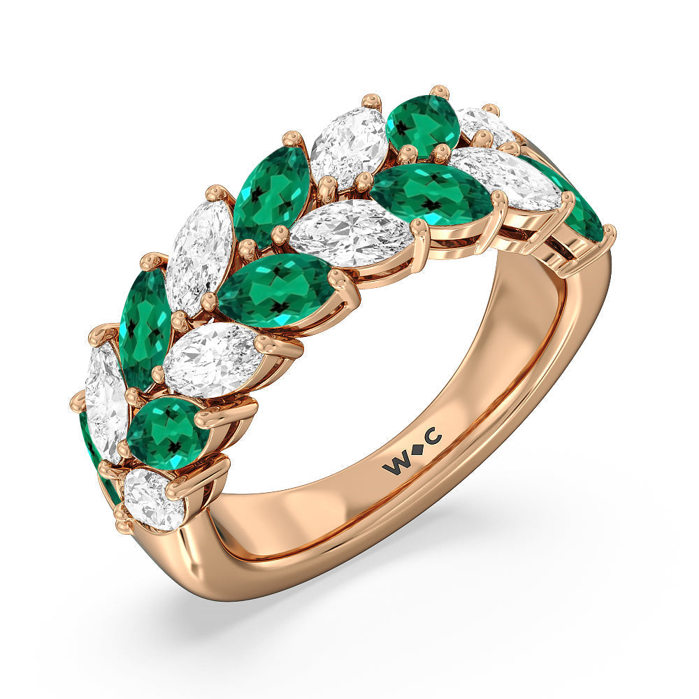 Alternate Created Emerald Marquise Shape and Diamond Edge Anniversary Ring with 14KT Rose Gold Cut Diamond in 14KT Rose Gold view 2
