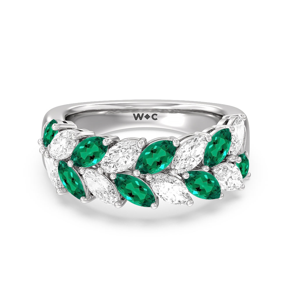 Alternate Created Emerald Marquise Shape and Diamond Edge Anniversary Ring with 14KT White Gold Cut Diamond in 14KT White Gold view 1
