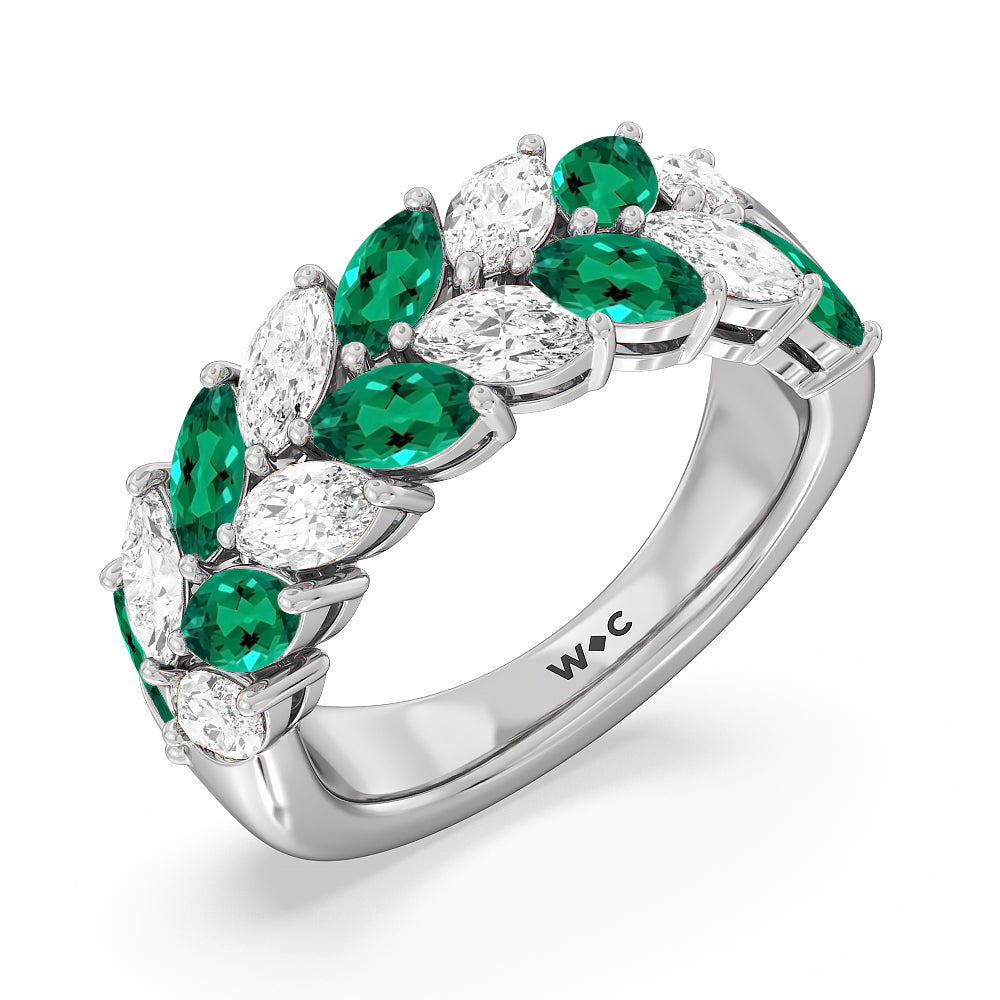 Alternate Created Emerald Marquise Shape and Diamond Edge Anniversary Ring with 14KT White Gold Cut Diamond in 14KT White Gold view 2
