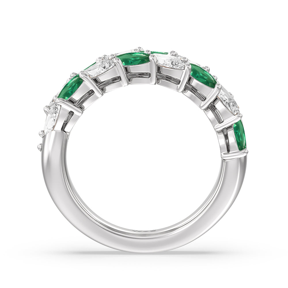 Alternate Created Emerald Marquise Shape and Diamond Edge Anniversary Ring with 14KT White Gold Cut Diamond in 14KT White Gold view 3

