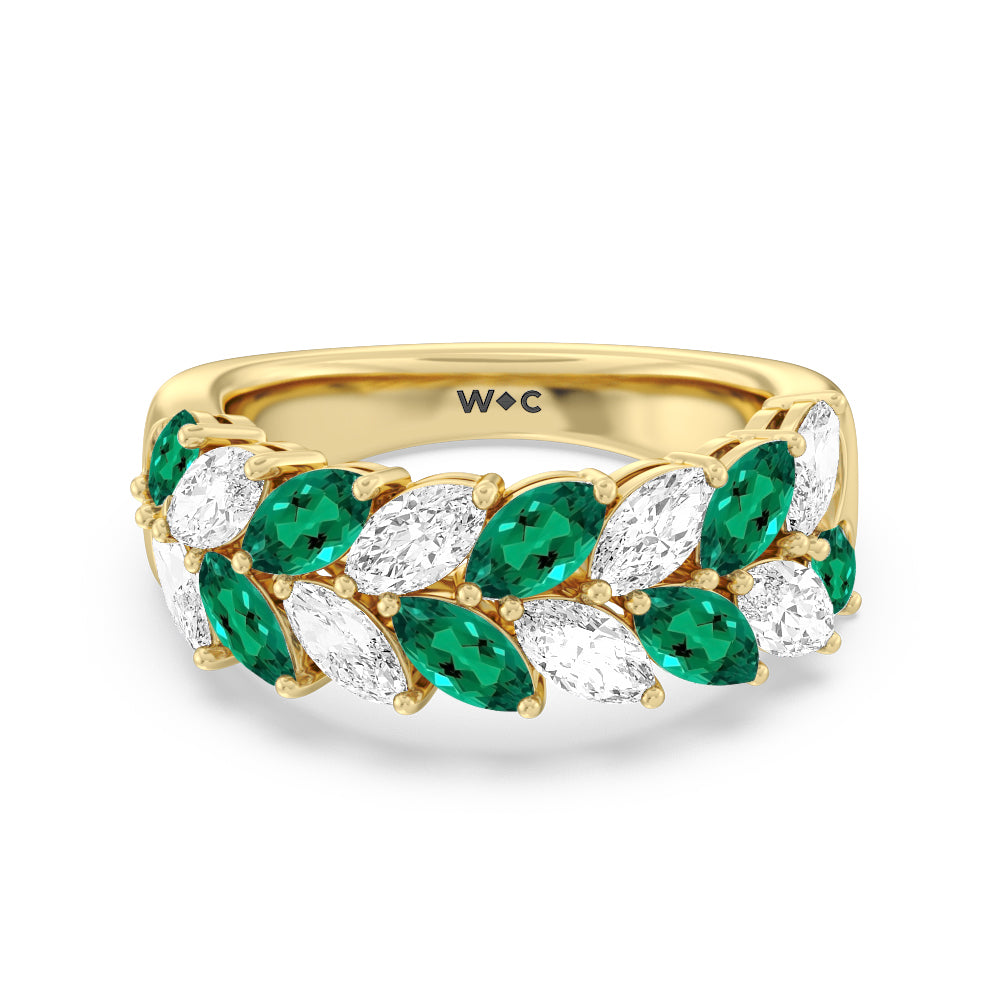 Alternate Created Emerald Marquise Shape and Diamond Edge Anniversary Ring with 14KT Yellow Gold Cut Diamond in 14KT Yellow Gold view 1

