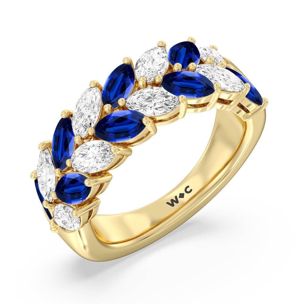 Alternate Created Sapphire Marquise and Diamond Edge Anniversary Ring with 14KT Yellow Gold Cut Diamond in 14KT Yellow Gold view 2

