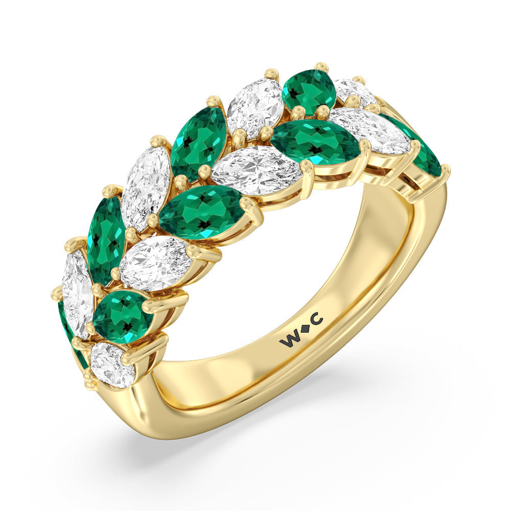 Alternate Created Emerald Marquise Shape and Diamond Edge Anniversary Ring with 14KT Yellow Gold Cut Diamond in 14KT Yellow Gold view 2
