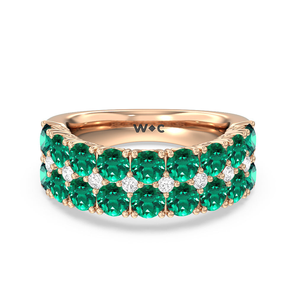 Created Emerald And Diamond High Line Anniversary Ring with 14KT Rose Gold Cut Diamond in 14KT Rose Gold view 1

