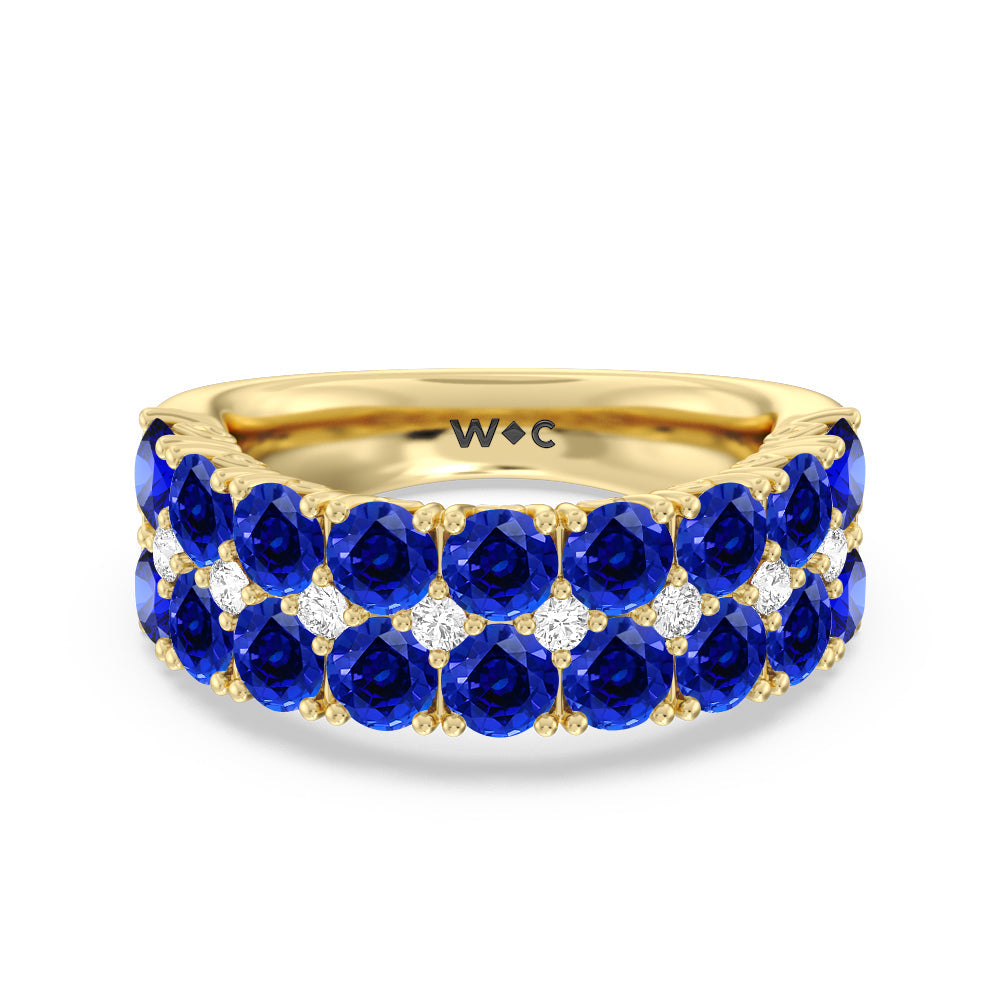 Created Sapphire And Diamond High Line Anniversary Ring with 14KT Yellow Gold Cut Diamond in 14KT Yellow Gold view 1
