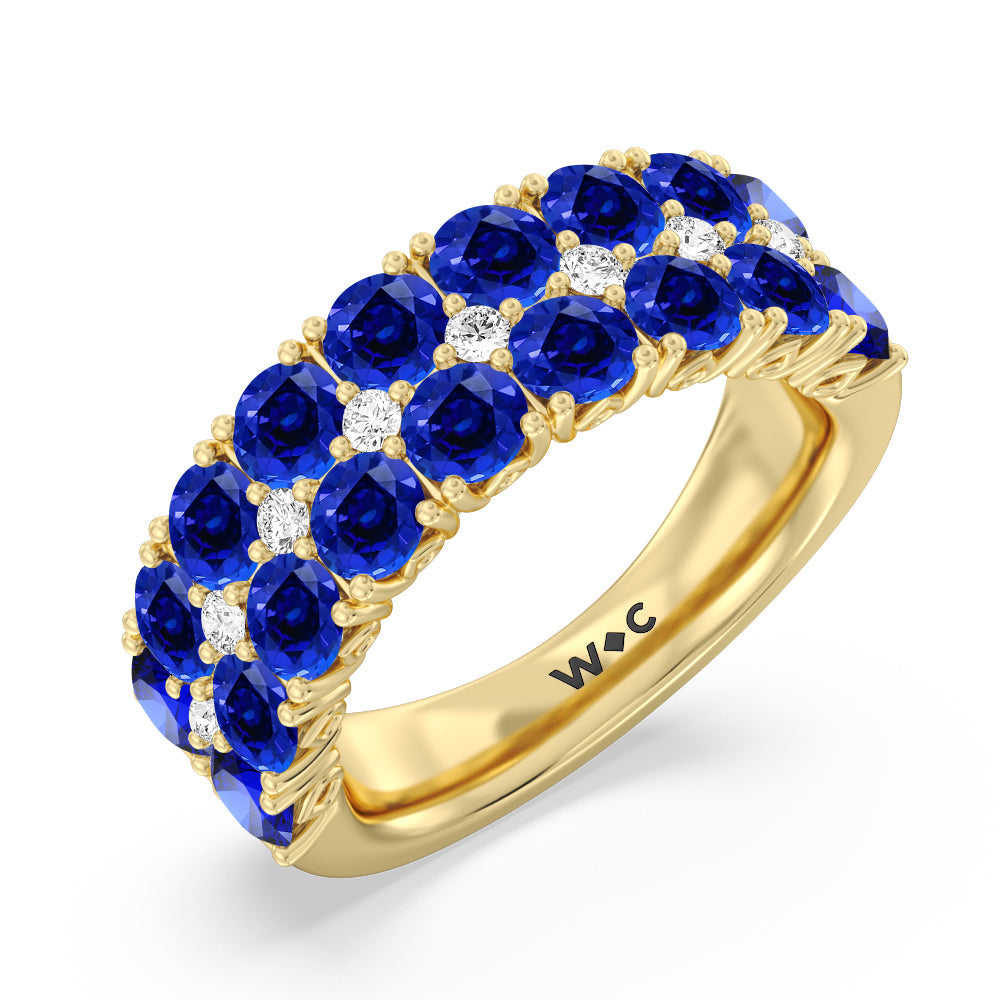 Created Sapphire And Diamond High Line Anniversary Ring with 14KT Yellow Gold Cut Diamond in 14KT Yellow Gold view 2

