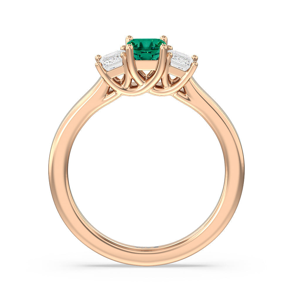 Created Emerald Center And Emerald Shape Cut Three Stone Diamond Ring with 14KT Rose Gold Cut Diamond in 14KT Rose Gold view 3
