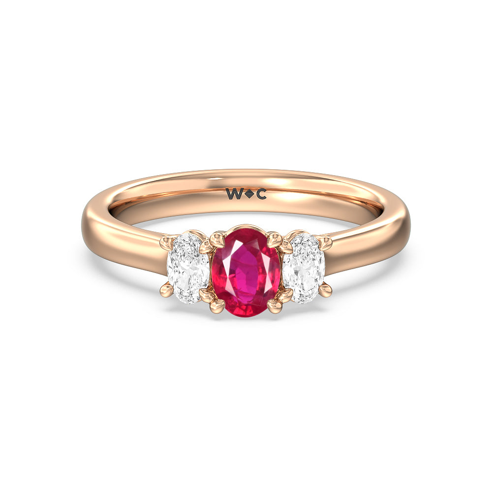 Created Ruby Center And Oval Cut Three Stone Diamond Ring with 14KT Rose Gold Cut Diamond in 14KT Rose Gold view 1
