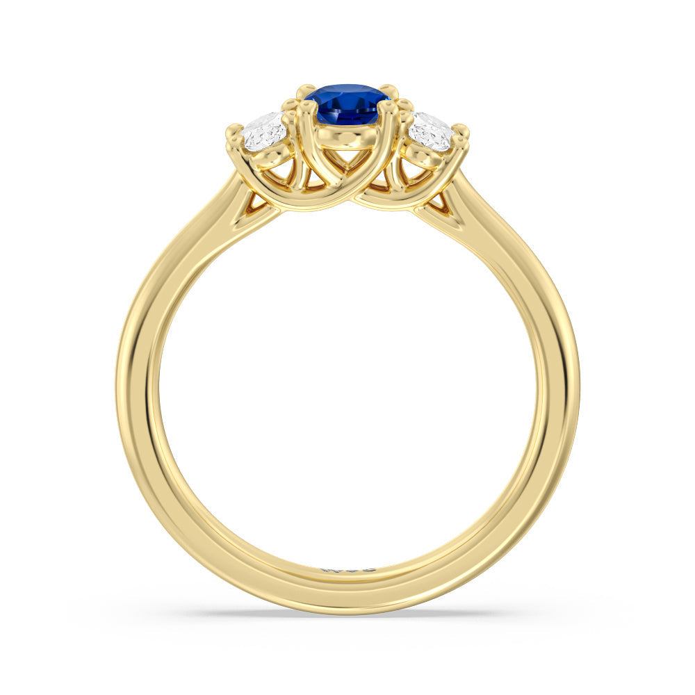 Created Sapphire Center And Oval Cut Three Stone Diamond Ring with 14KT Yellow Gold Cut Diamond in 14KT Yellow Gold view 3
