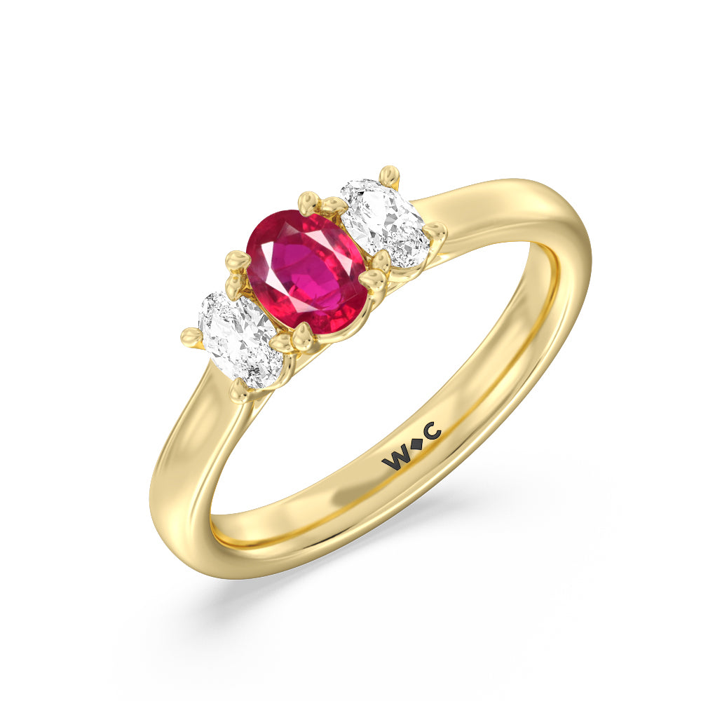 Created Ruby Center And Oval Cut Three Stone Diamond Ring with 14KT Yellow Gold Cut Diamond in 14KT Yellow Gold view 2
