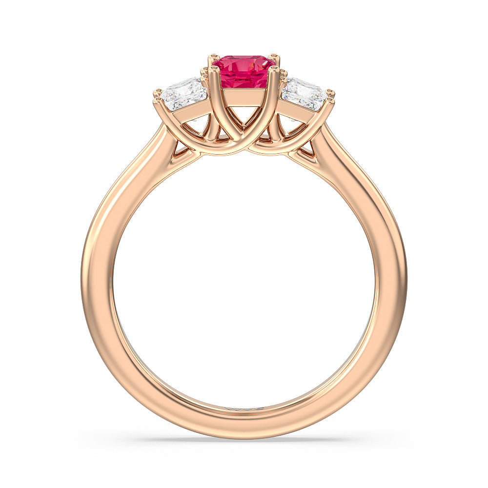 Created Ruby Center And Princess Cut Three Stone  Diamond Ring with 14KT Rose Gold Cut Diamond in 14KT Rose Gold view 3
