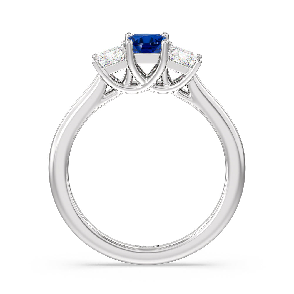 Created Sapphire Center And Princess Cut Three Stone  Diamond Ring with 14KT White Gold Cut Diamond in 14KT White Gold view 3
