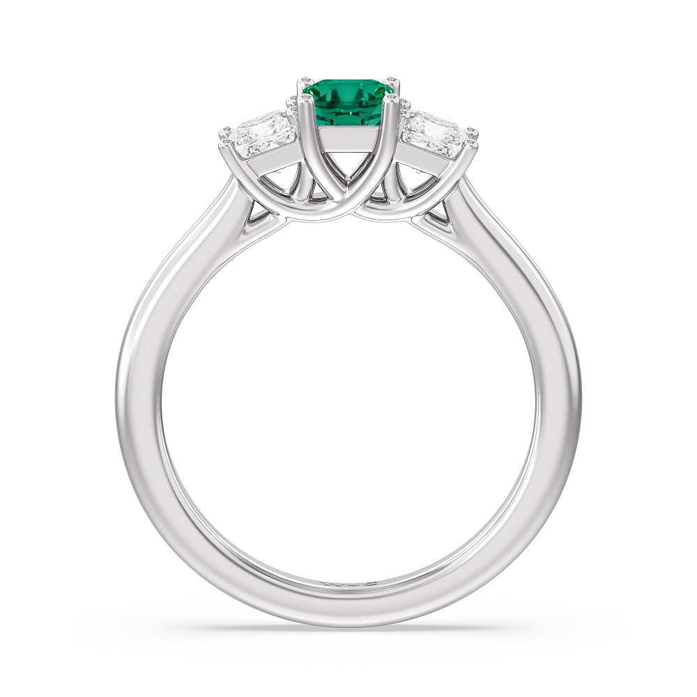 Created Emerald Center And Princess Cut Three Stone  Diamond Ring with 14KT White Gold Cut Diamond in 14KT White Gold view 3

