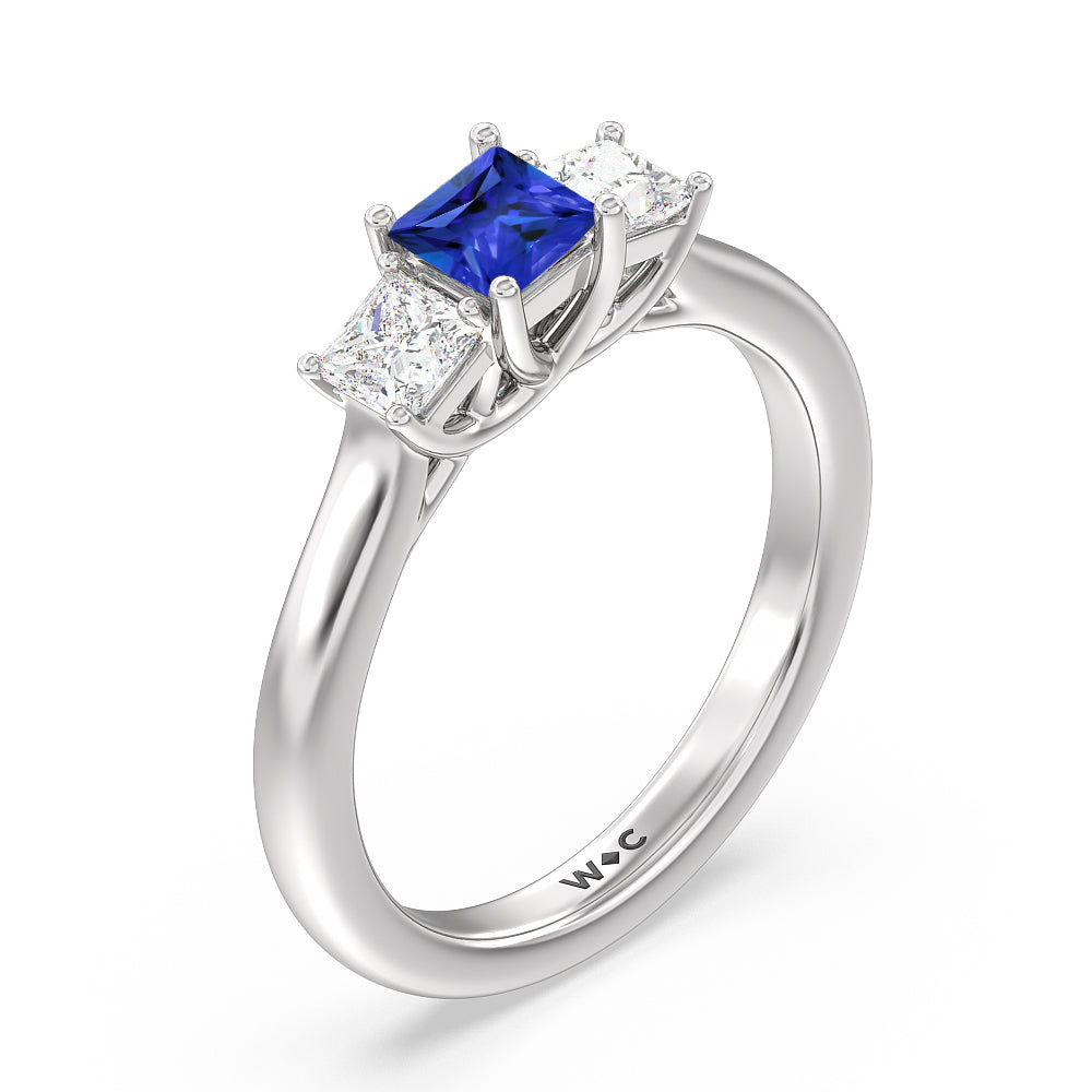 Created Sapphire Center And Princess Cut Three Stone  Diamond Ring with 14KT White Gold Cut Diamond in 14KT White Gold view 2
