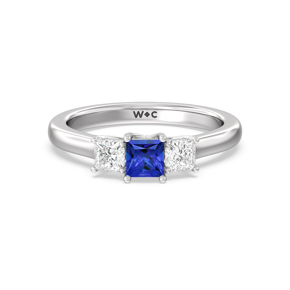 Created Sapphire Center And Princess Cut Three Stone  Diamond Ring with 14KT White Gold Cut Diamond in 14KT White Gold view 1
