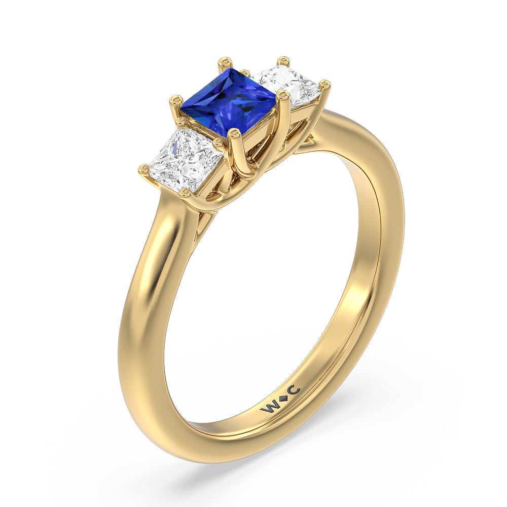 Created Sapphire Center And Princess Cut Three Stone  Diamond Ring with 14KT Yellow Gold Cut Diamond in 14KT Yellow Gold view 2
