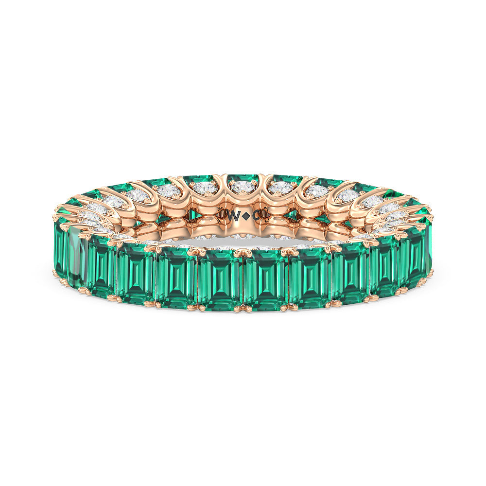 Created Emerald Split Prong Basket Eternity Ring with 14KT Rose Gold Cut Diamond in 14KT Rose Gold view 1
