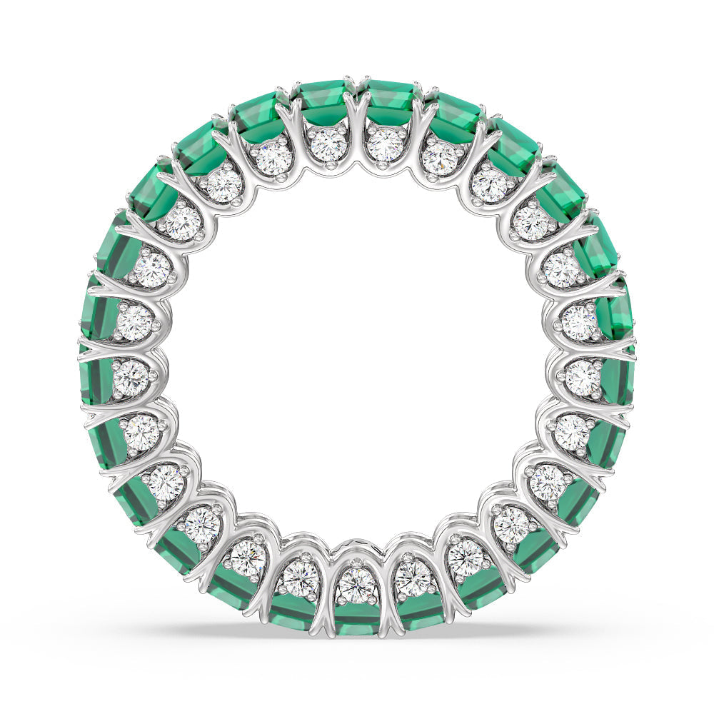 Created Emerald Split Prong Basket Eternity Ring with 14KT White Gold Cut Diamond in 14KT White Gold view 3

