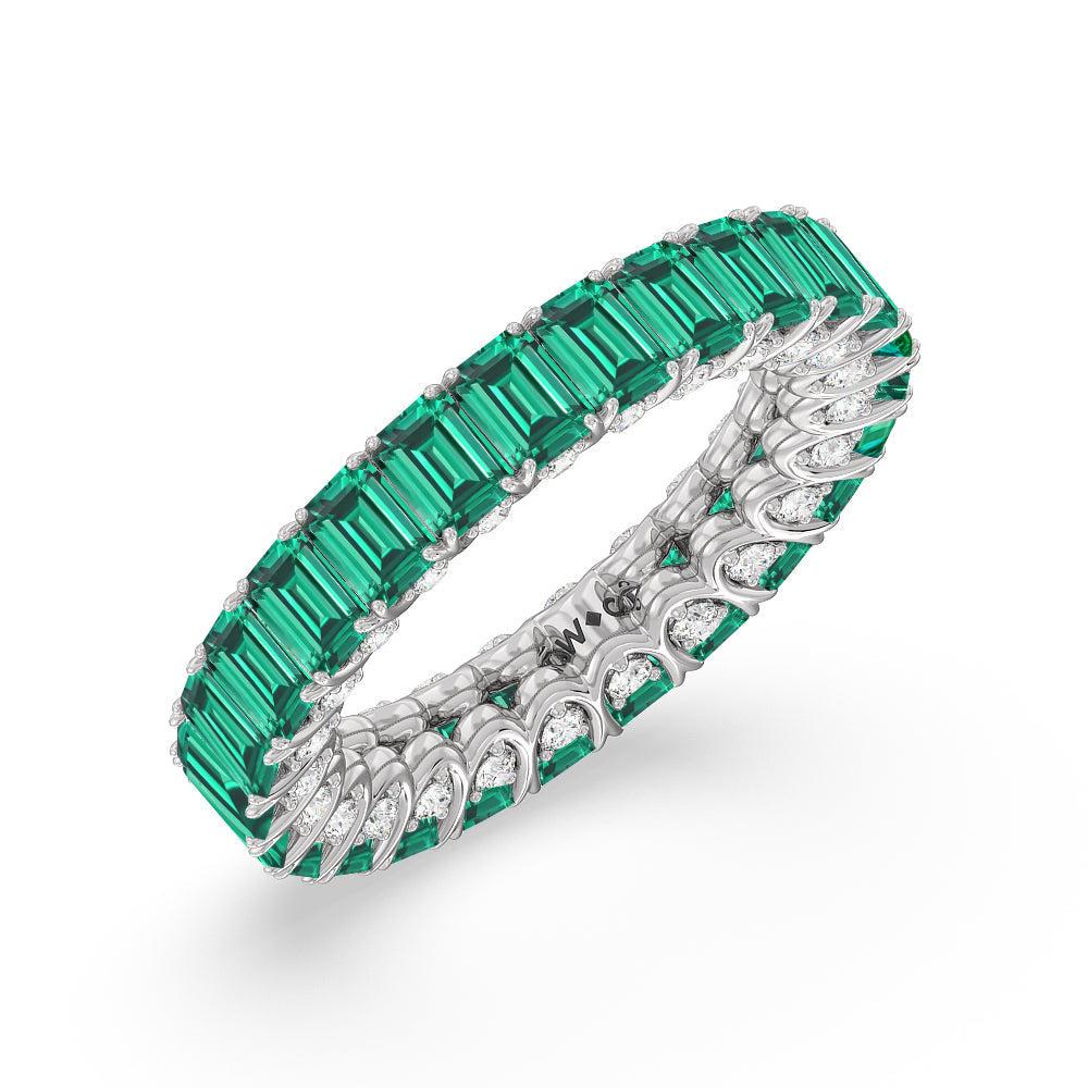 Created Emerald Split Prong Basket Eternity Ring with 14KT White Gold Cut Diamond in 14KT White Gold view 2
