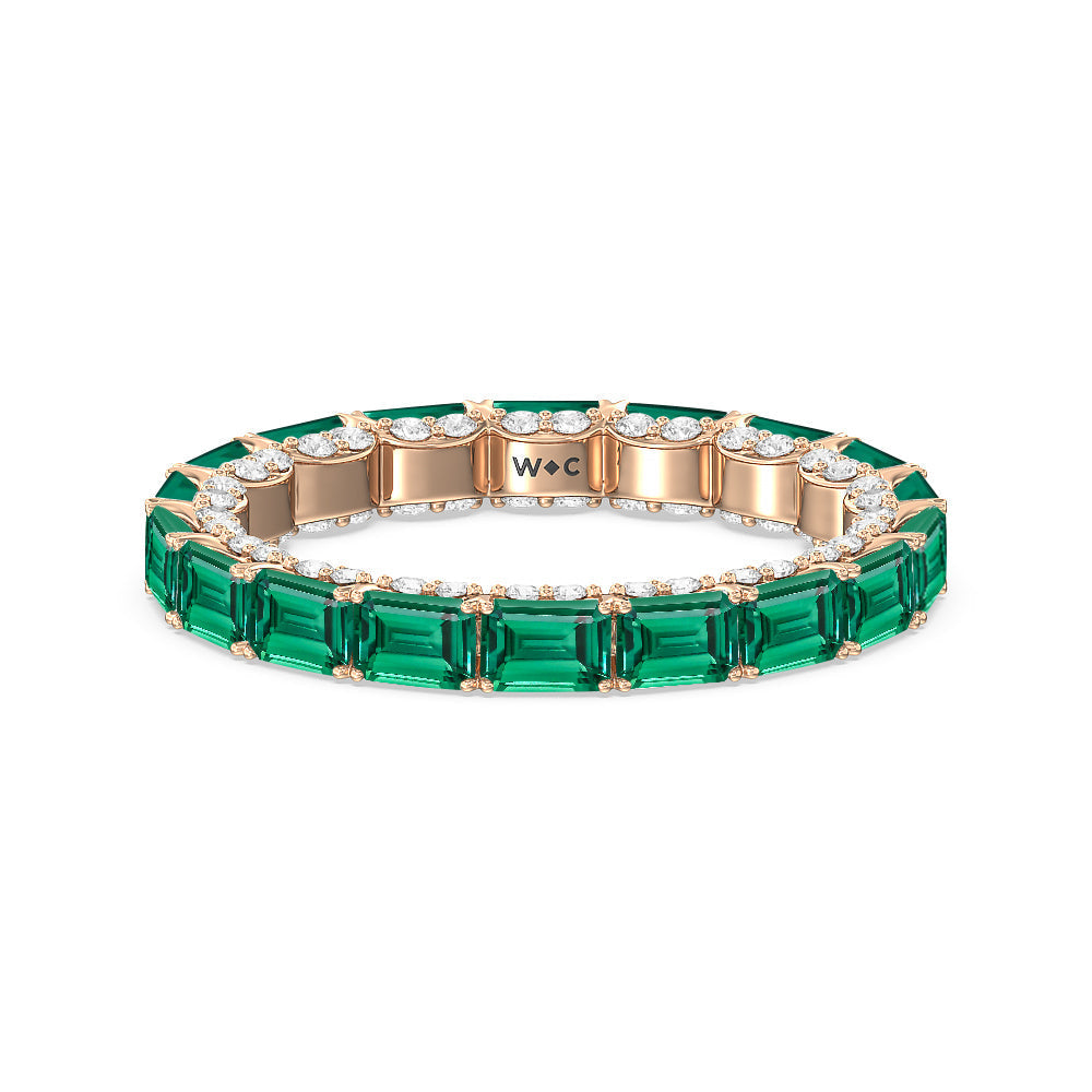 East-West Created Emerald Split Prong Studded Gallery Eternity Ring with 14KT Rose Gold Cut Diamond in 14KT Rose Gold view 1
