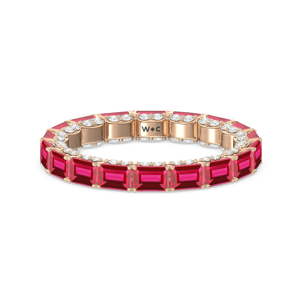 East-West Created Ruby Emerald Split Prong Studded Gallery Eternity Ring with 14KT Rose Gold Cut Diamond in 14KT Rose Gold view 1

