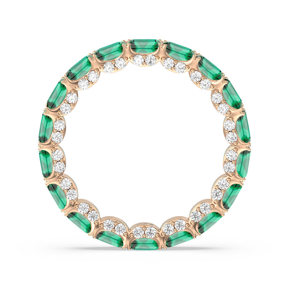 East-West Created Emerald Split Prong Studded Gallery Eternity Ring with 14KT Rose Gold Cut Diamond in 14KT Rose Gold view 3
