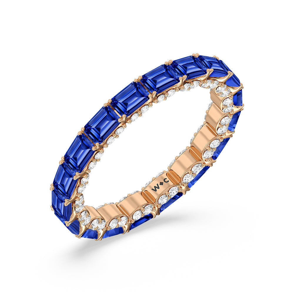 East-West Created Sapphire Emerald Split Prong Studded Gallery Eternity Ring with 14KT Rose Gold Cut Diamond in 14KT Rose Gold view 2
