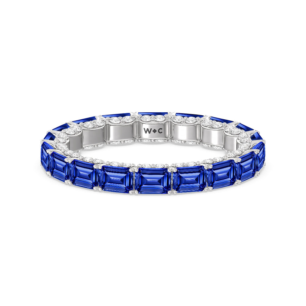 East-West Created Sapphire Emerald Split Prong Studded Gallery Eternity Ring with 14KT White Gold Cut Diamond in 14KT White Gold view 1
