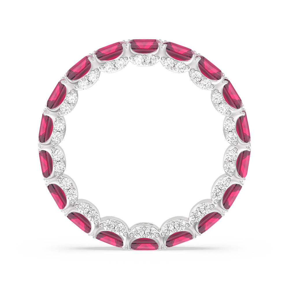 East-West Created Ruby Emerald Split Prong Studded Gallery Eternity Ring with 14KT White Gold Cut Diamond in 14KT White Gold view 3
