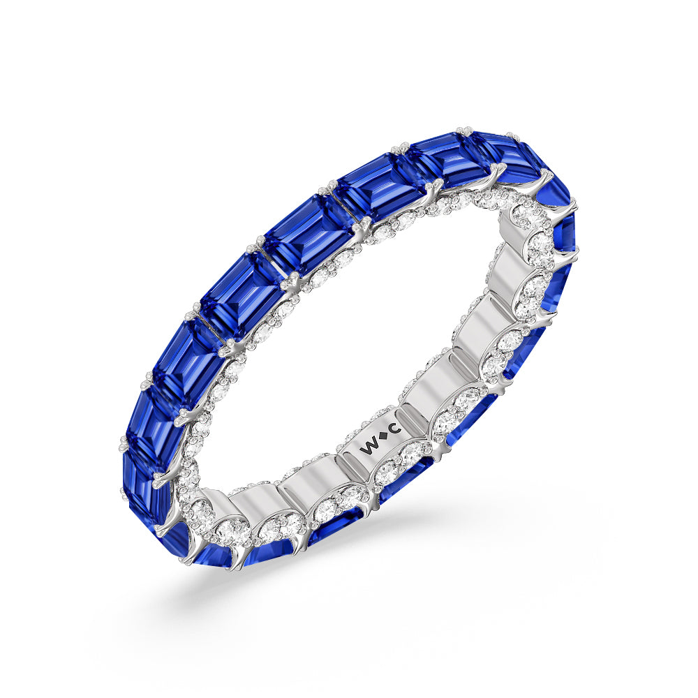 East-West Created Sapphire Emerald Split Prong Studded Gallery Eternity Ring with 14KT White Gold Cut Diamond in 14KT White Gold view 2
