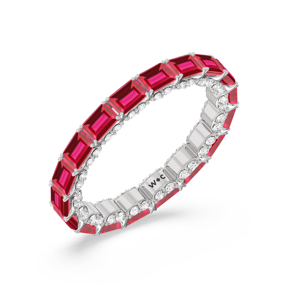 East-West Created Ruby Emerald Split Prong Studded Gallery Eternity Ring with 14KT White Gold Cut Diamond in 14KT White Gold view 2
