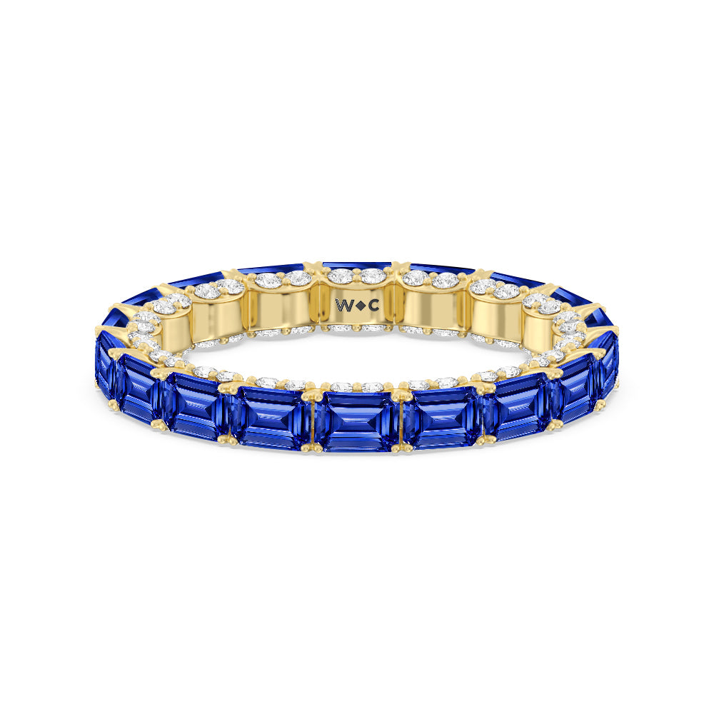 East-West Created Sapphire Emerald Split Prong Studded Gallery Eternity Ring with 14KT Yellow Gold Cut Diamond in 14KT Yellow Gold view 1
