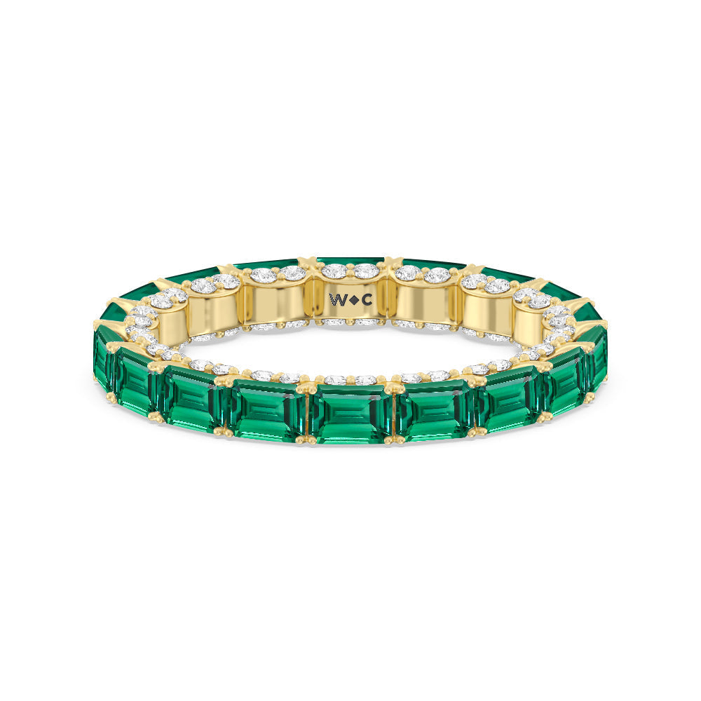East-West Created Emerald Split Prong Studded Gallery Eternity Ring with 14KT Yellow Gold Cut Diamond in 14KT Yellow Gold view 1
