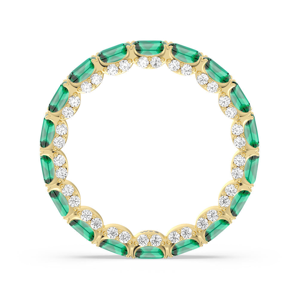 East-West Created Emerald Split Prong Studded Gallery Eternity Ring with 14KT Yellow Gold Cut Diamond in 14KT Yellow Gold view 3
