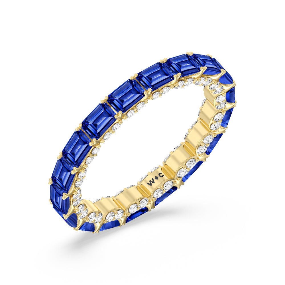 East-West Created Sapphire Emerald Split Prong Studded Gallery Eternity Ring with 14KT Yellow Gold Cut Diamond in 14KT Yellow Gold view 2
