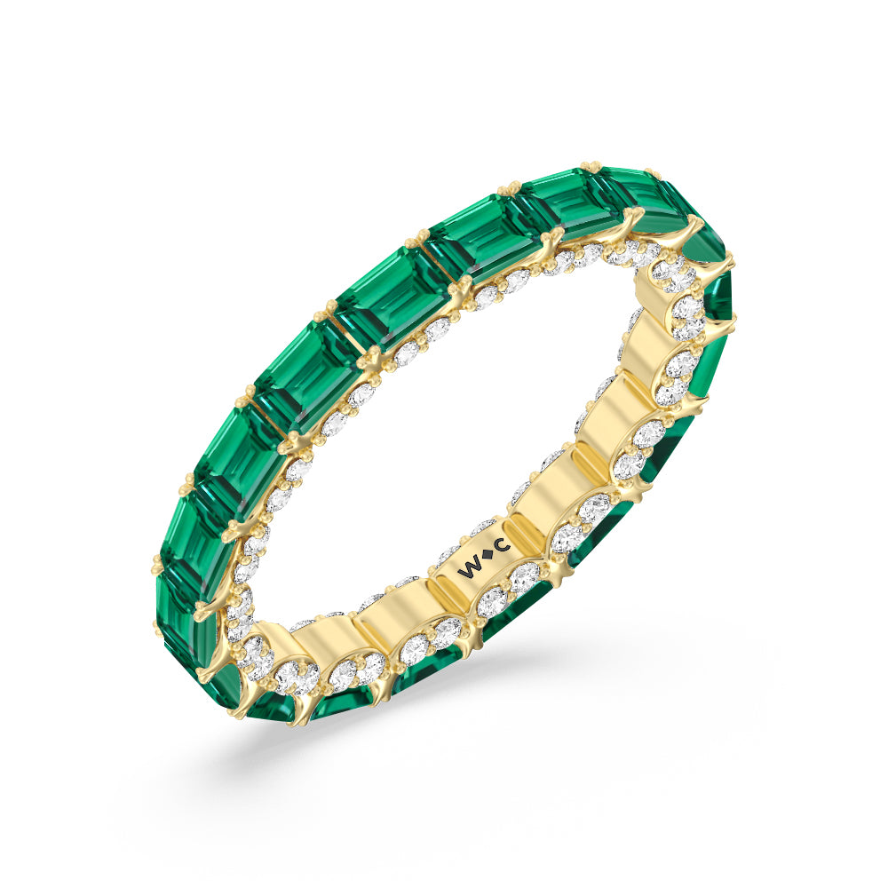 East-West Created Emerald Split Prong Studded Gallery Eternity Ring with 14KT Yellow Gold Cut Diamond in 14KT Yellow Gold view 2
