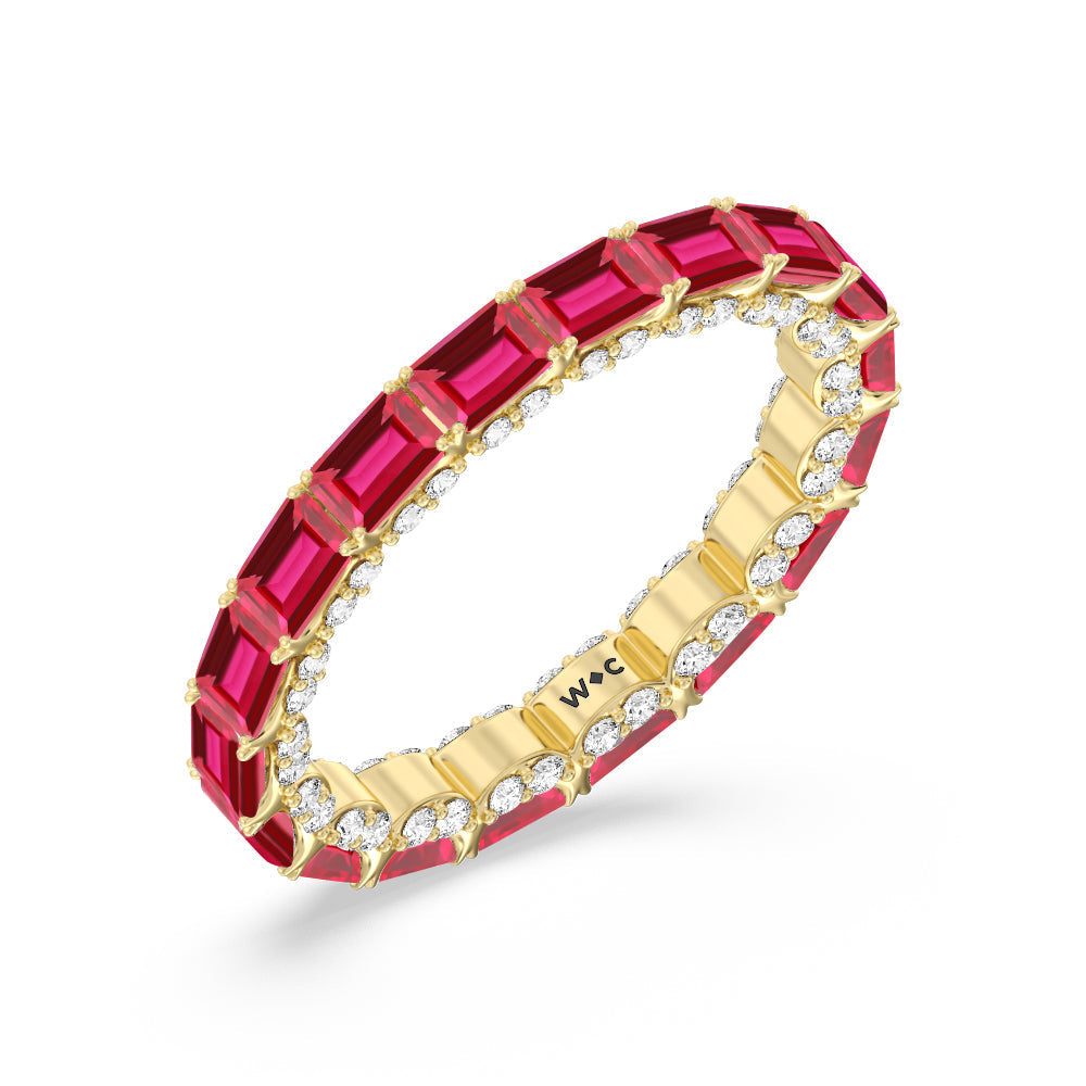 East-West Created Ruby Emerald Split Prong Studded Gallery Eternity Ring with 14KT Yellow Gold Cut Diamond in 14KT Yellow Gold view 2
