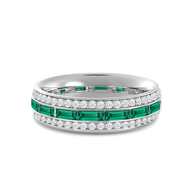 Three Row Diamond and Created Emerald Baguette Channel Eternity Ring with 14KT White Gold Cut Diamond in 14KT White Gold view 1
