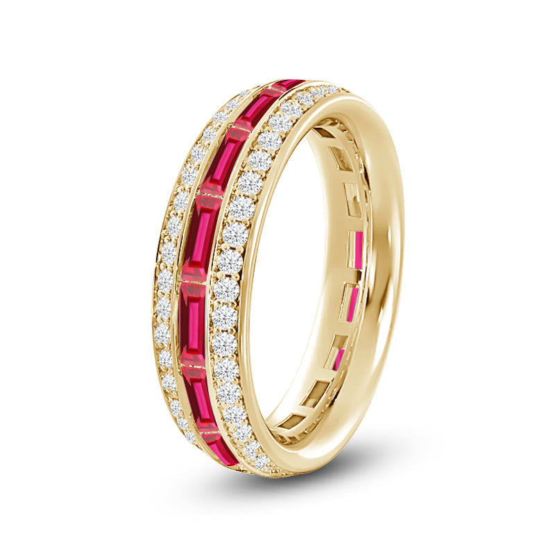 Three Row Diamond and Created Ruby Baguette Channel Eternity Ring with 14KT Yellow Gold Cut Diamond in 14KT Yellow Gold view 2
