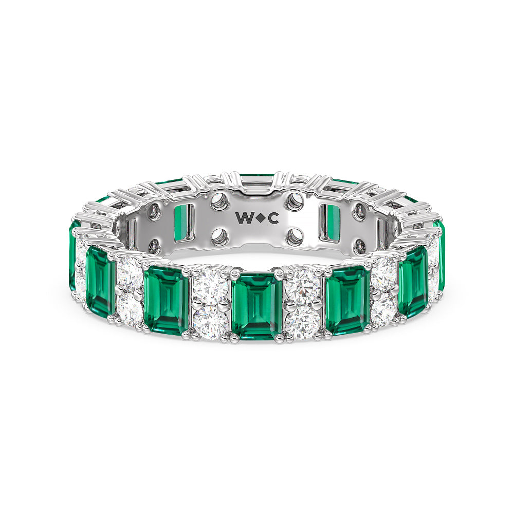Created Emerald & Rounds Station Eternity Ring with 14KT White Gold Cut Diamond in 14KT White Gold view 1
